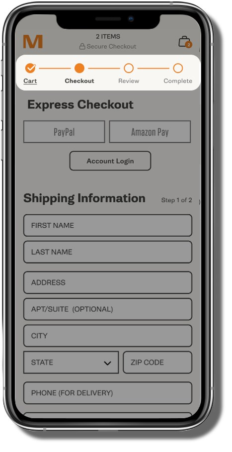 Mobile device showing a stepper in the cart flow